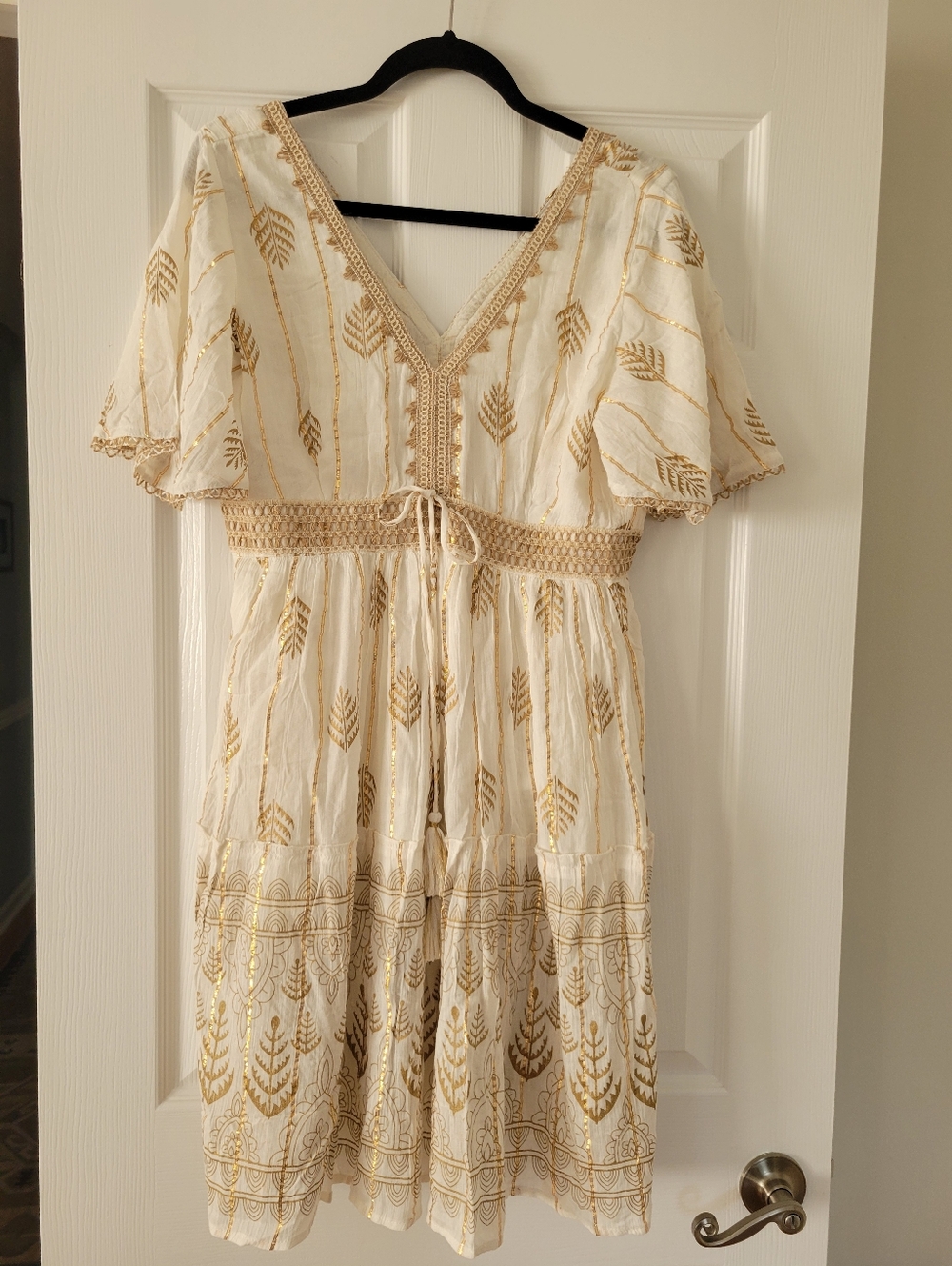 Ananta NWT Boho White and Gold Embroidered V-Neck Dress